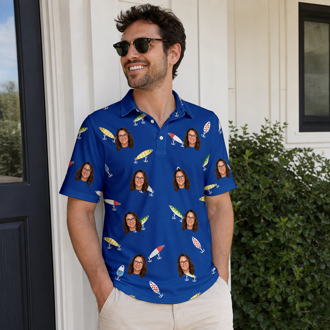 Real-life photo of someone wearing Men's Lure Lore Custom Face Polo Shirt — custom faces printed all-over
