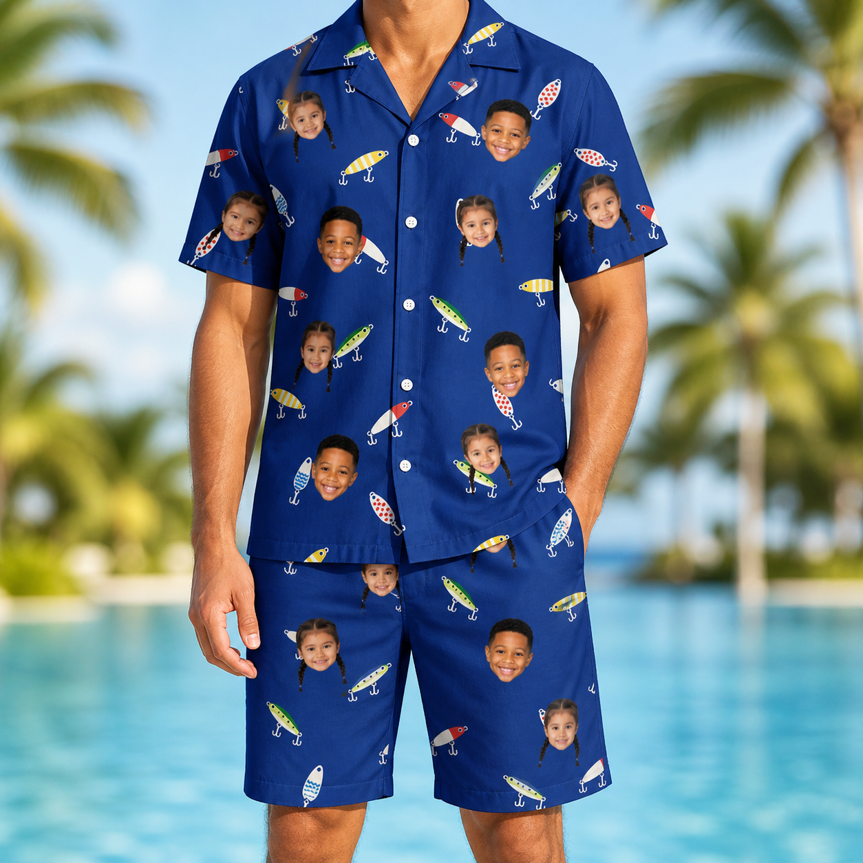 Model wearing Men's Lure Lore Custom Face Shirt & Shorts Set printed with kids' faces