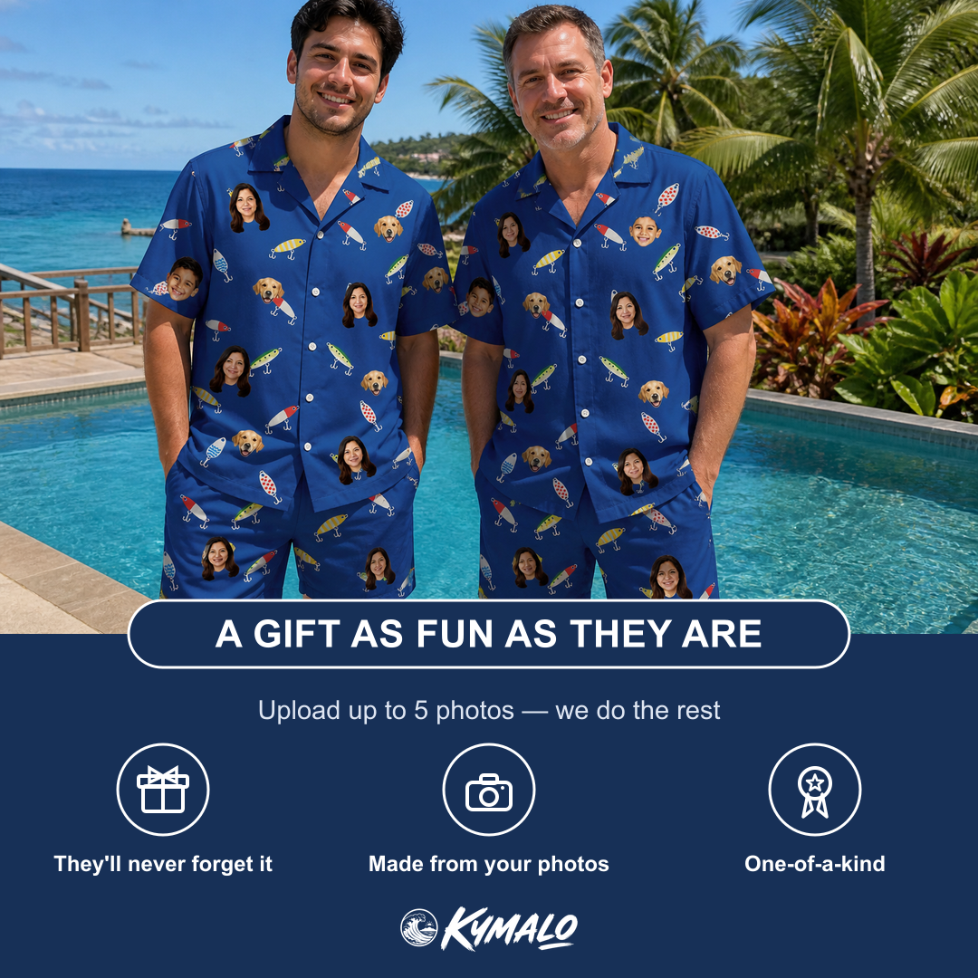 Friends in matching Men's Lure Lore Custom Face Shirt & Shorts Set — a group gift photo