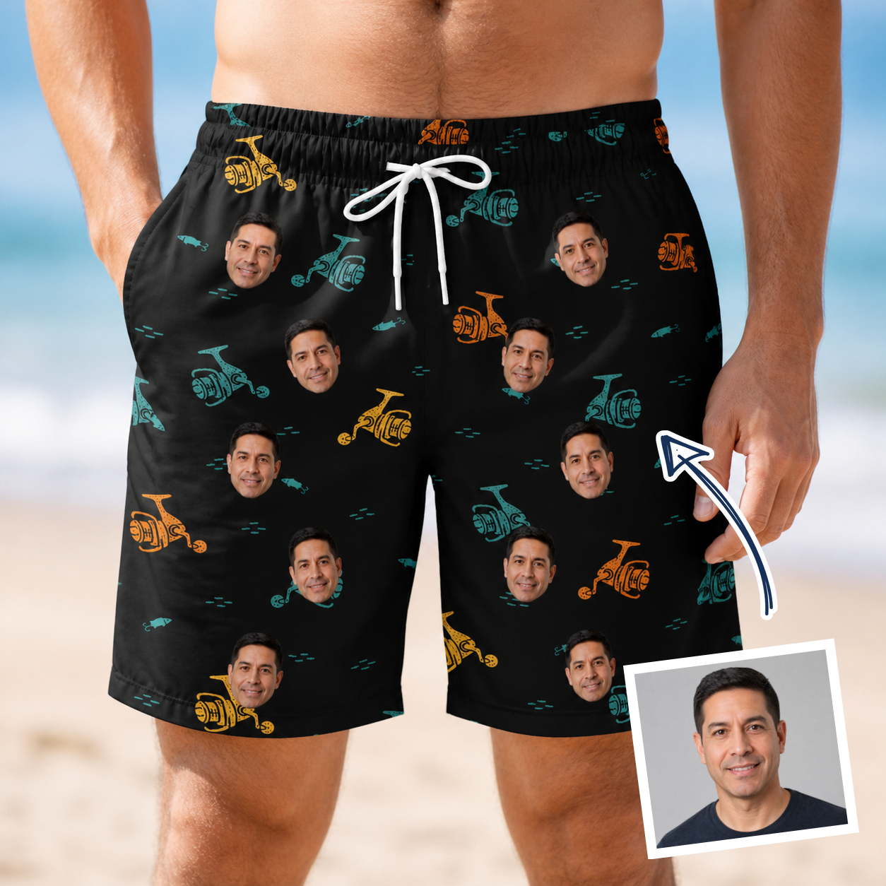 Man wearing Men's Spool Foolery Custom Face Beach Shorts — custom faces printed all-over