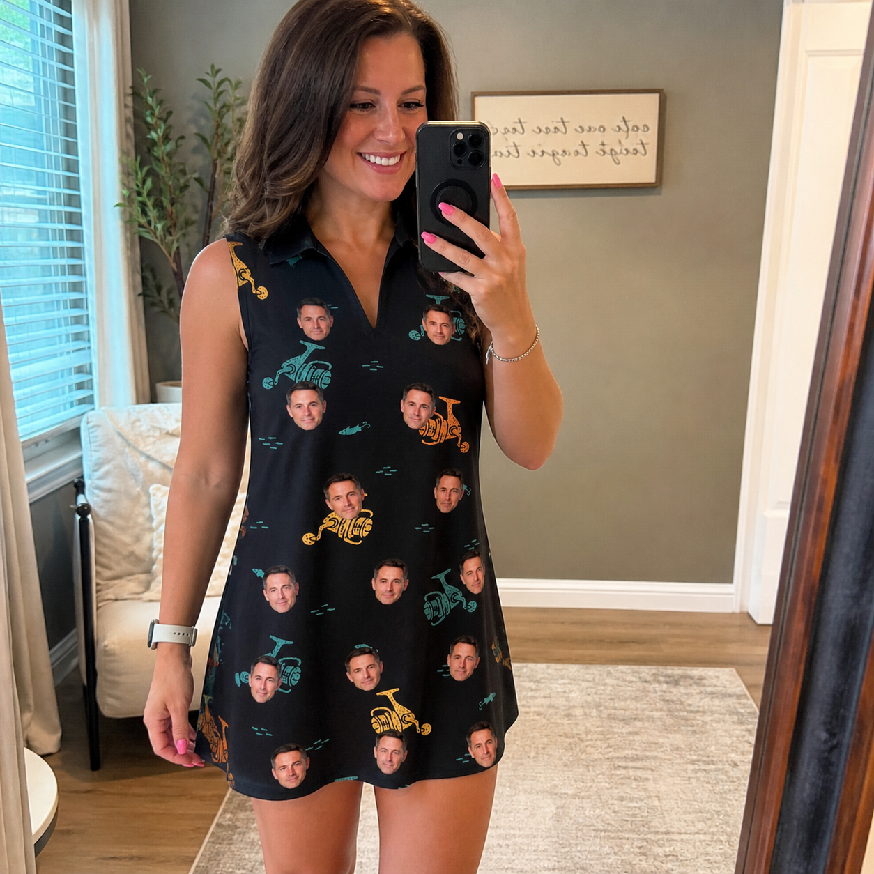 Real-life photo of someone wearing Women's Spool Foolery Custom Face V-Neck Dress — custom faces printed all-over