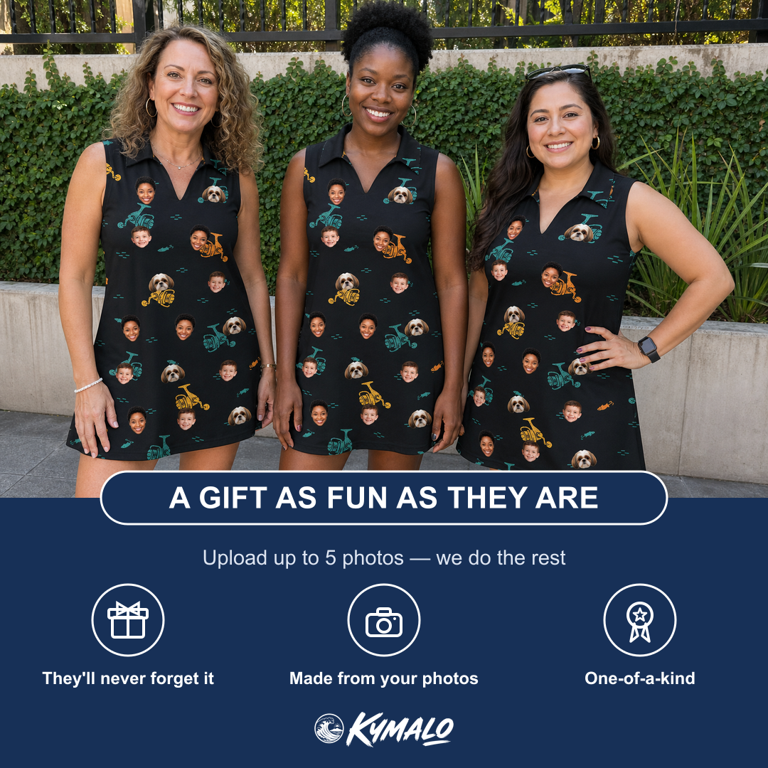 Friends in matching Women's Spool Foolery Custom Face V-Neck Dress — a group gift photo