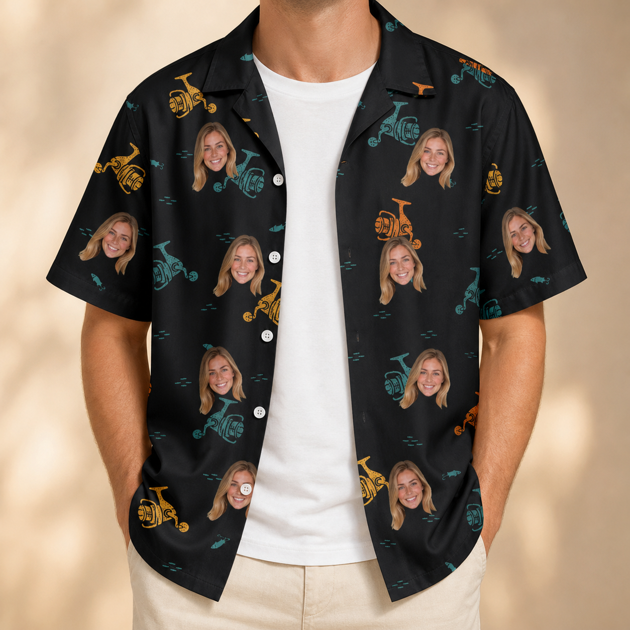 Man wearing Men's Spool Foolery Custom Face Hawaiian Shirt open over a white tee