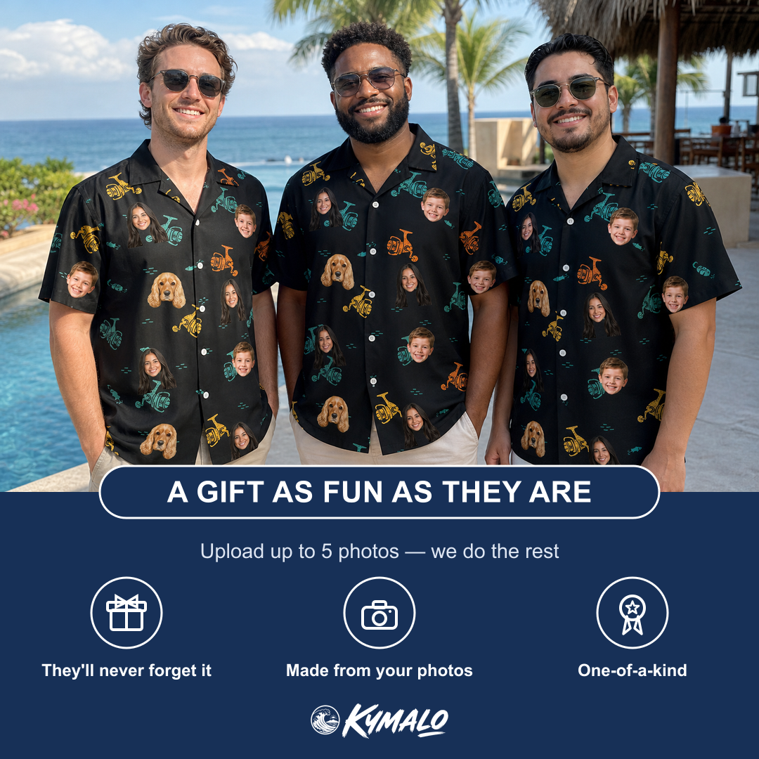 Friends in matching Men's Spool Foolery Custom Face Hawaiian Shirt — a group gift photo