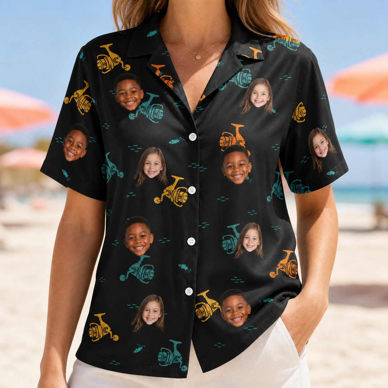 Model wearing Women's Spool Foolery Custom Face Hawaiian Shirt printed with kids' faces