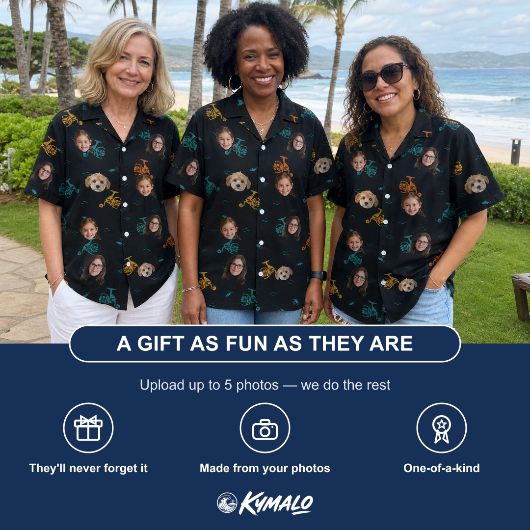 Friends in matching Women's Spool Foolery Custom Face Hawaiian Shirt — a group gift photo
