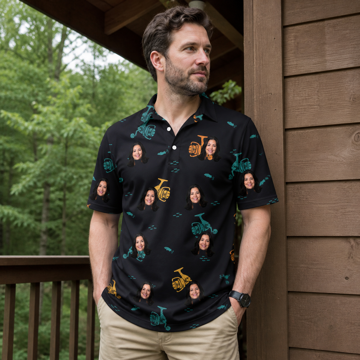 Real-life photo of someone wearing Men's Spool Foolery Custom Face Polo Shirt — custom faces printed all-over