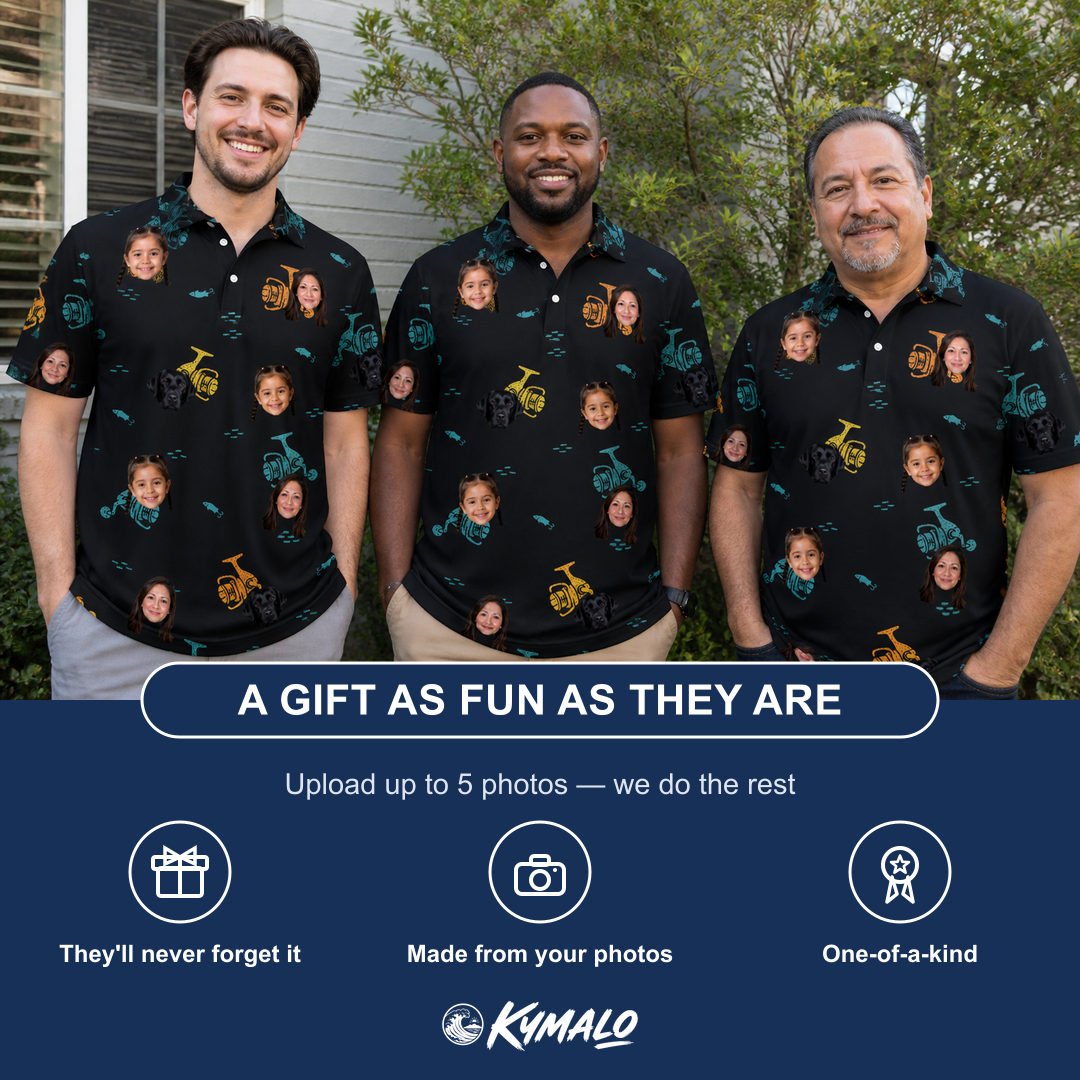 Friends in matching Men's Spool Foolery Custom Face Polo Shirt — a group gift photo