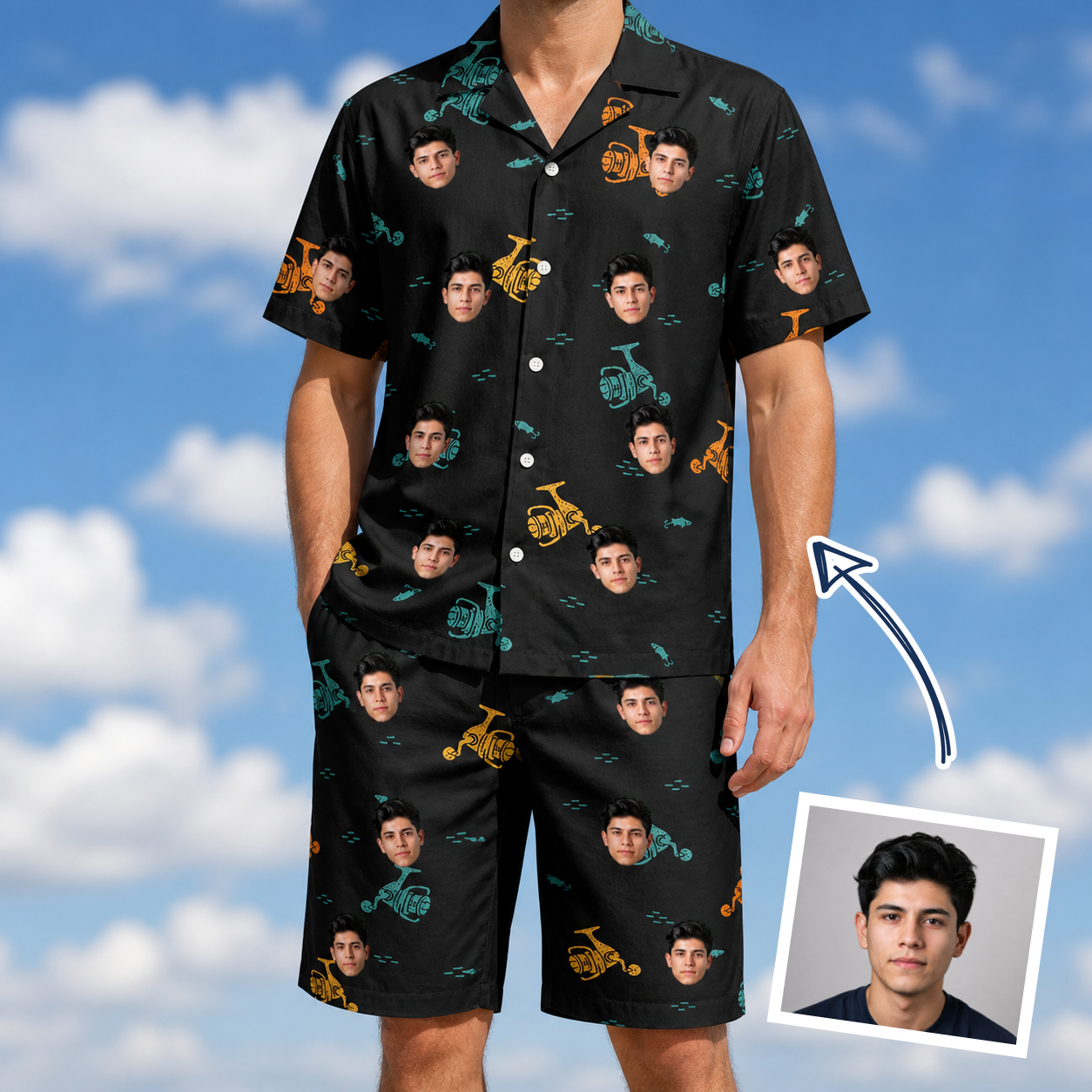 Man wearing Men's Spool Foolery Custom Face Shirt & Shorts Set — custom faces printed all-over