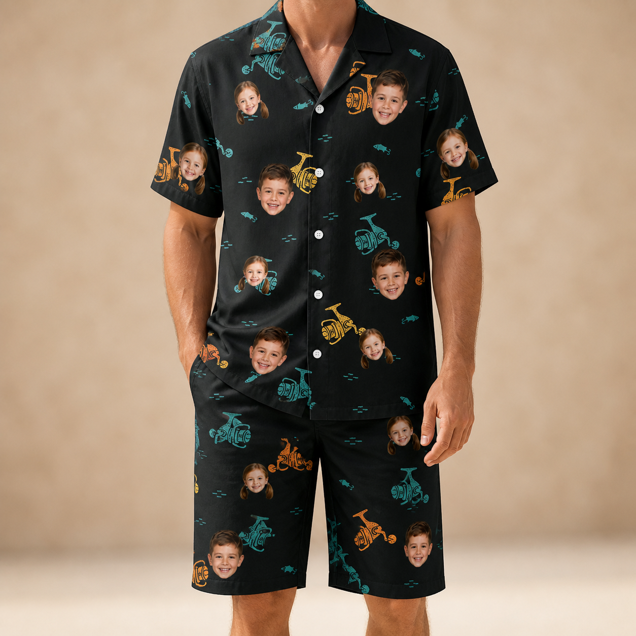 Model wearing Men's Spool Foolery Custom Face Shirt & Shorts Set printed with kids' faces