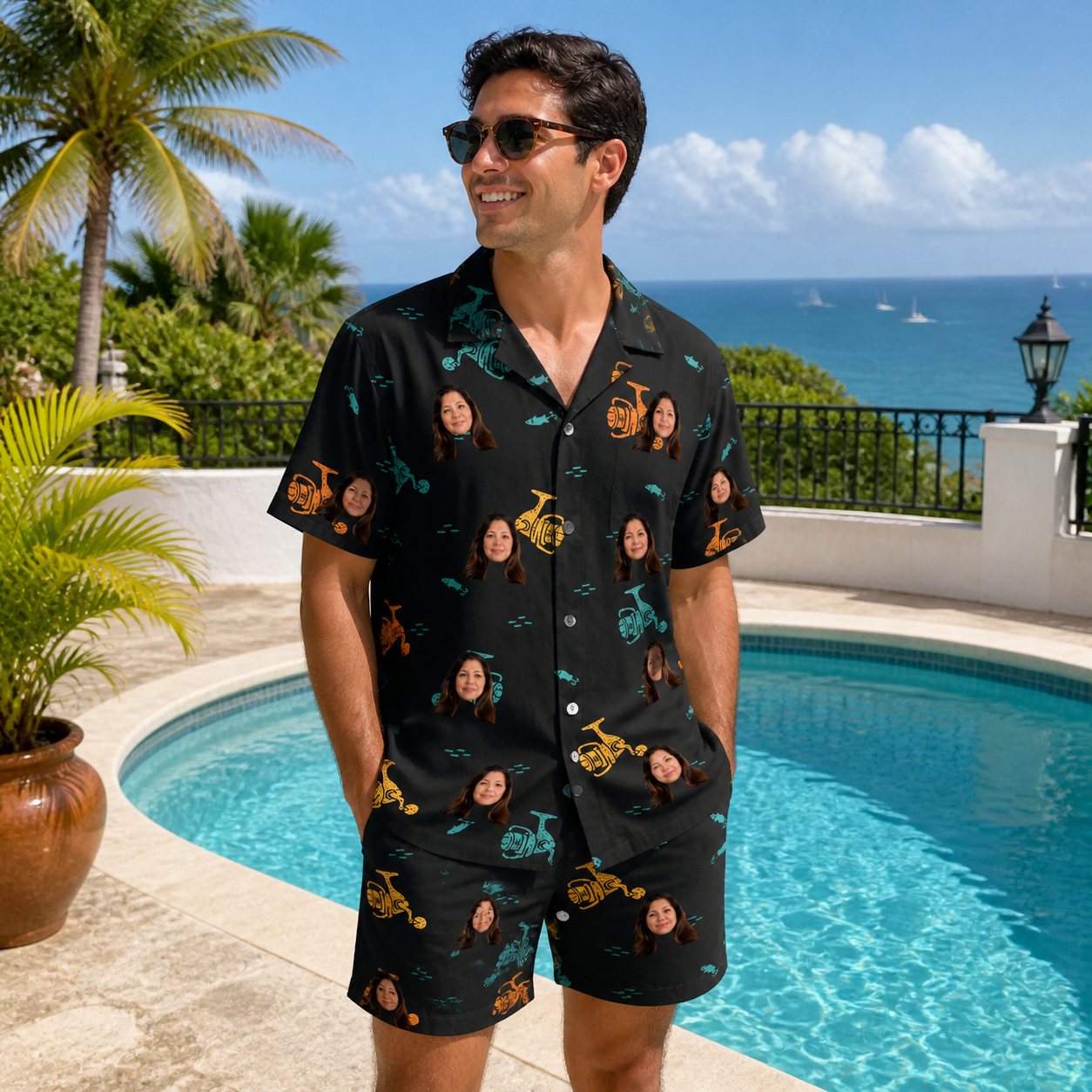 Real-life photo of someone wearing Men's Spool Foolery Custom Face Shirt & Shorts Set — custom faces printed all-over