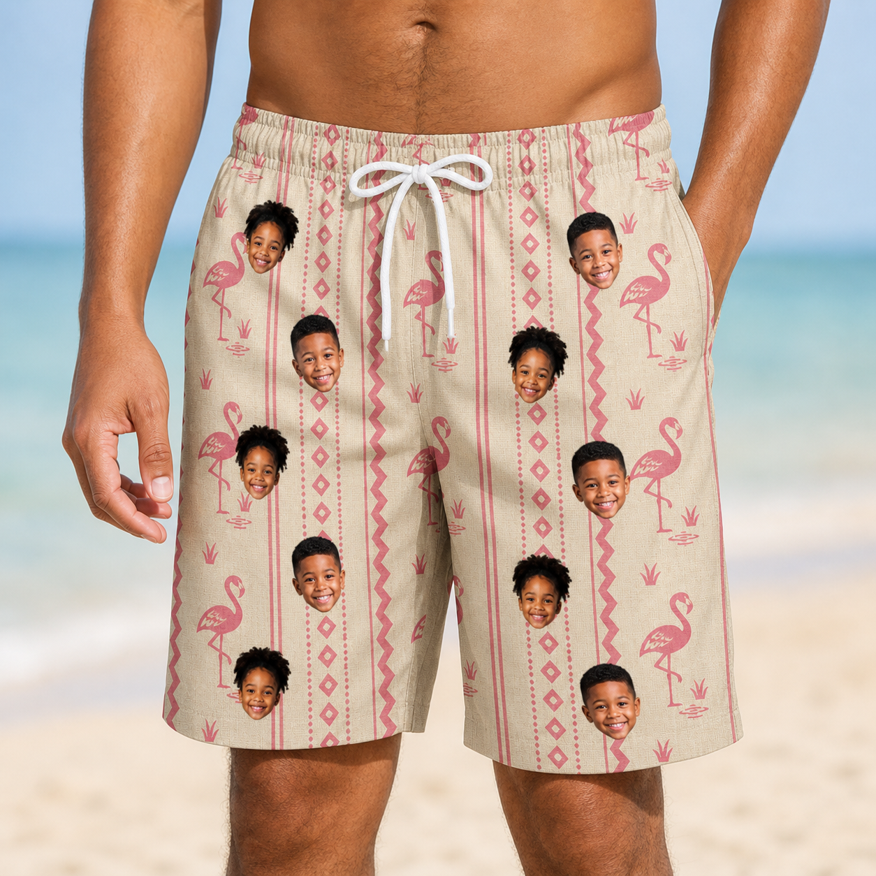 Model wearing Men's Waddle Wink Custom Face Beach Shorts printed with kids' faces