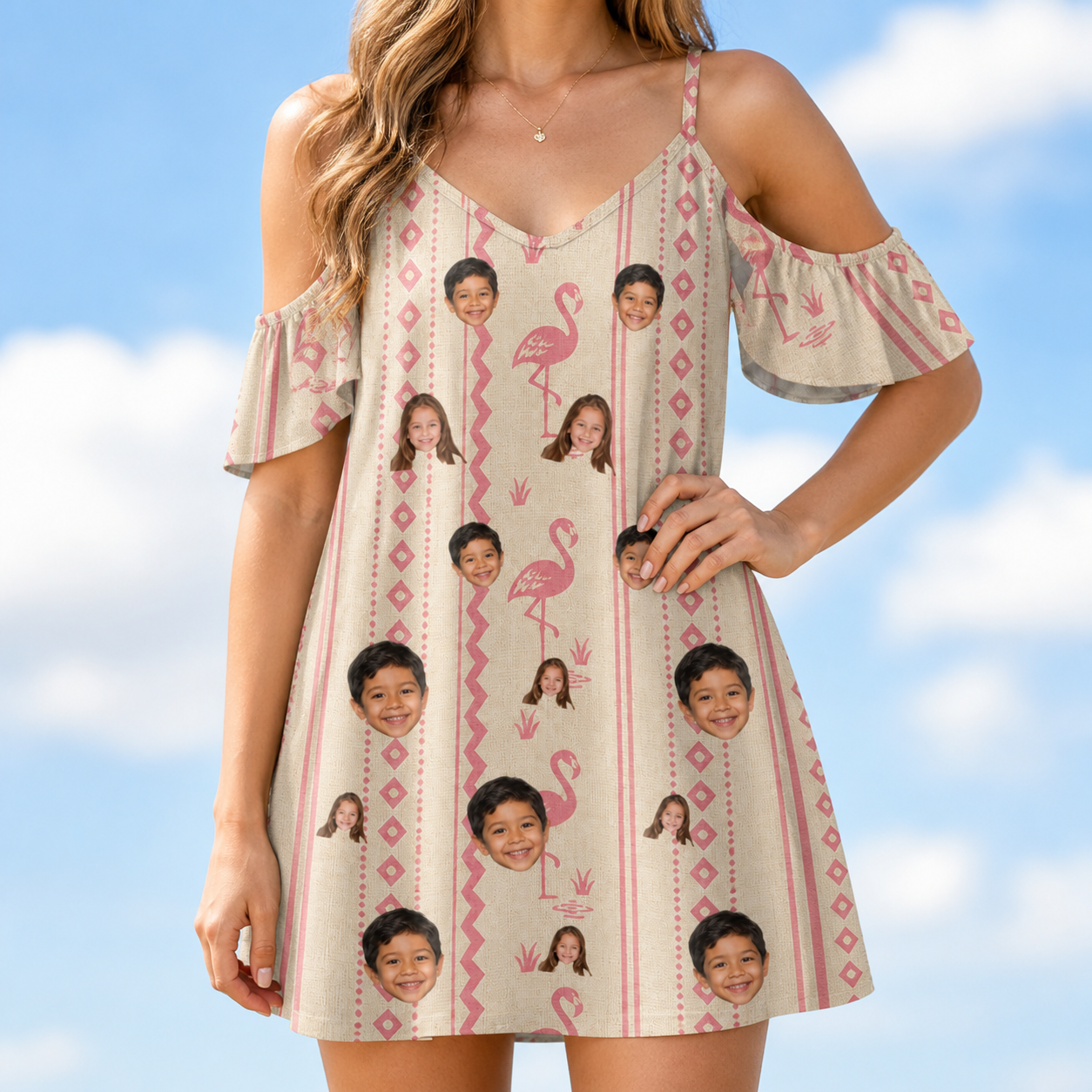 Model wearing Women's Waddle Wink Custom Face Off-Shoulder Dress printed with kids' faces