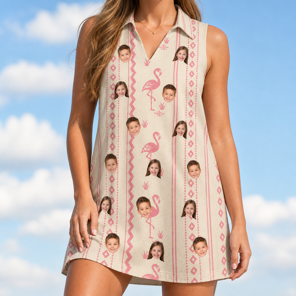 Model wearing Women's Waddle Wink Custom Face V-Neck Dress printed with kids' faces