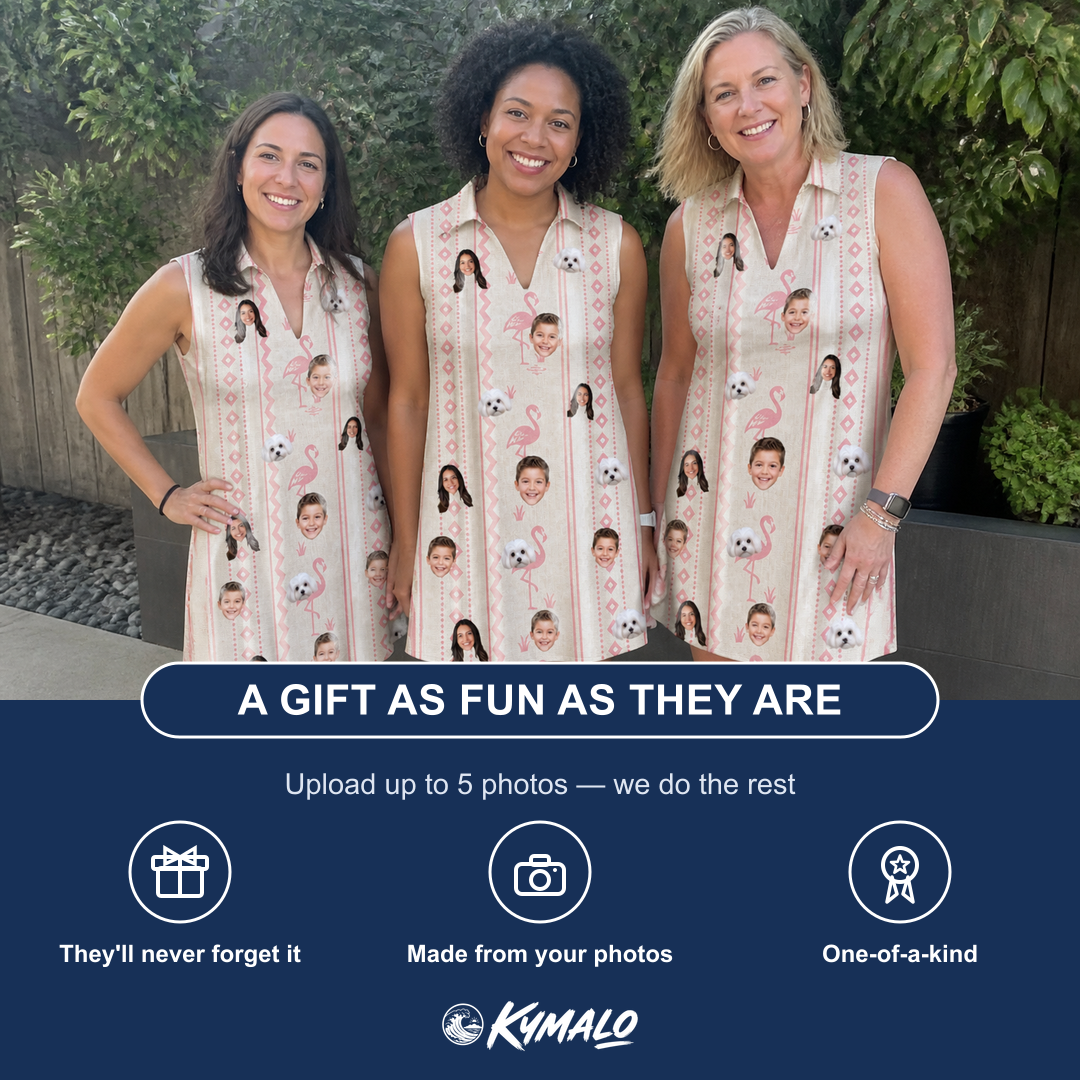Friends in matching Women's Waddle Wink Custom Face V-Neck Dress — a group gift photo