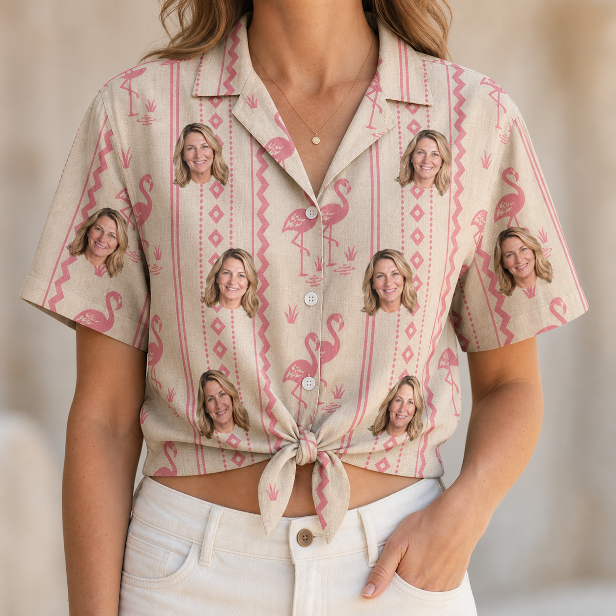 Woman wearing Women's Waddle Wink Custom Face Hawaiian Shirt tied at the waist