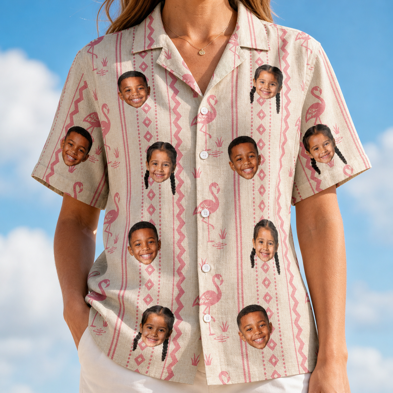 Model wearing Women's Waddle Wink Custom Face Hawaiian Shirt printed with kids' faces