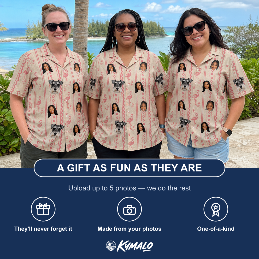 Friends in matching Women's Waddle Wink Custom Face Hawaiian Shirt — a group gift photo