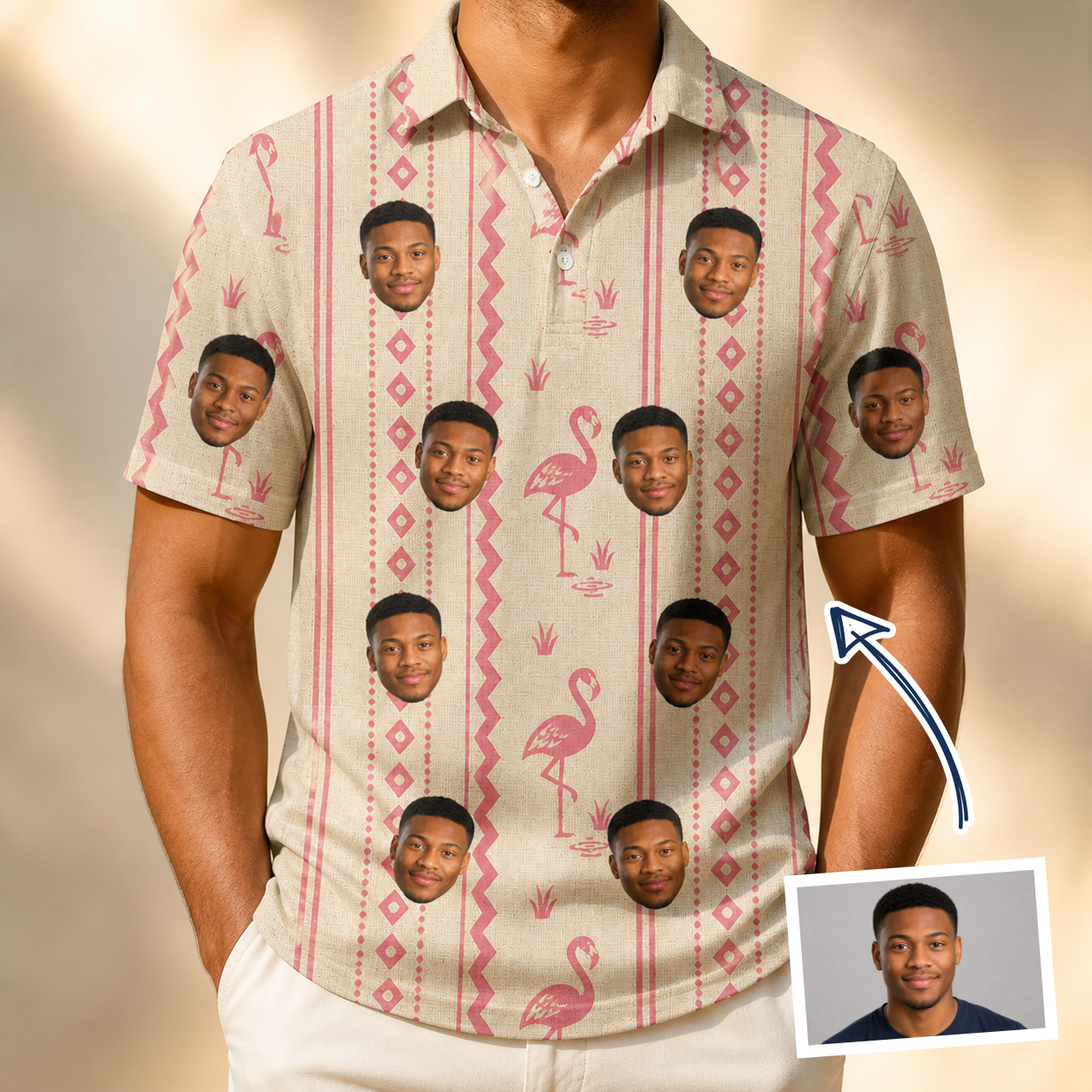 Man wearing Men's Waddle Wink Custom Face Polo Shirt — custom faces printed all-over