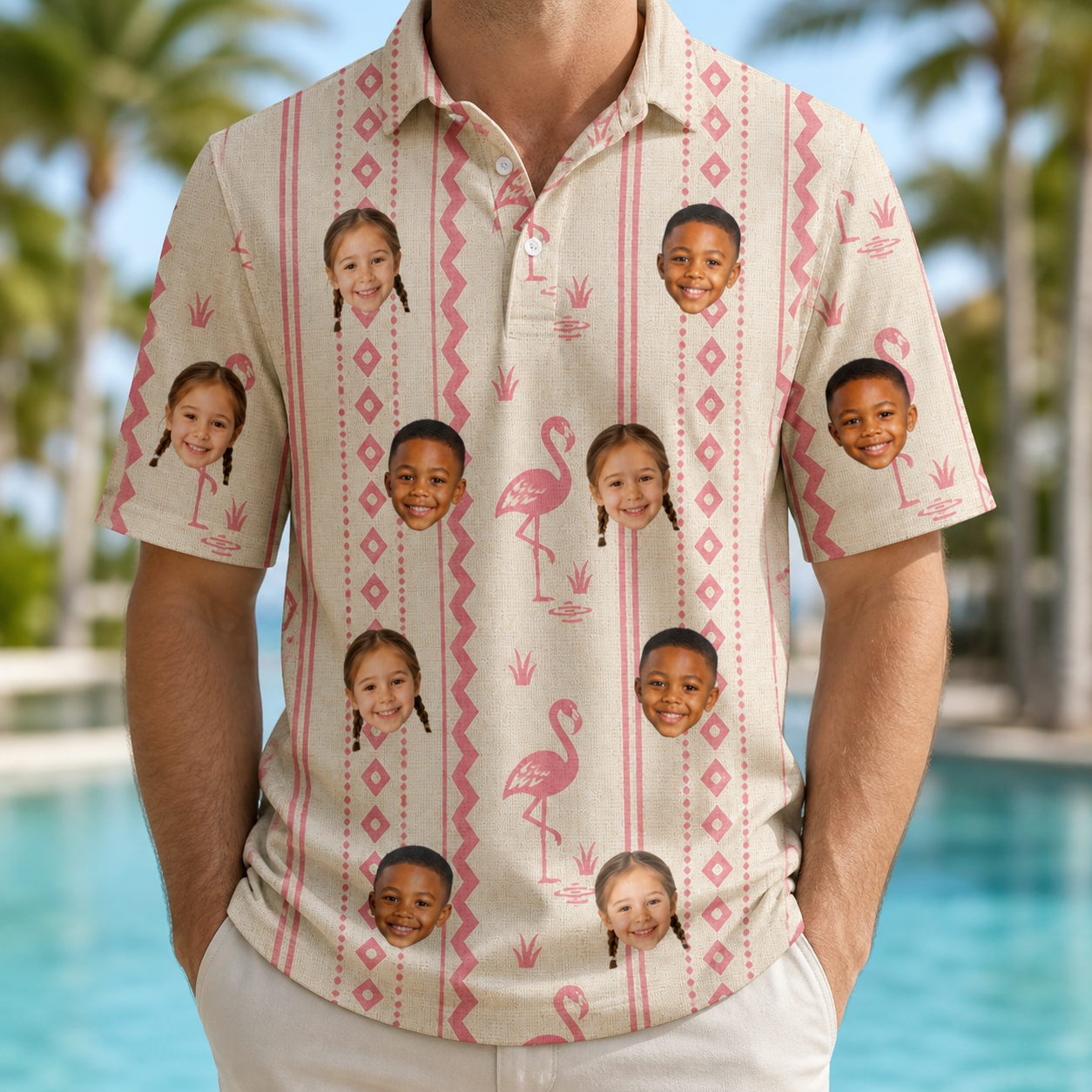 Model wearing Men's Waddle Wink Custom Face Polo Shirt printed with kids' faces