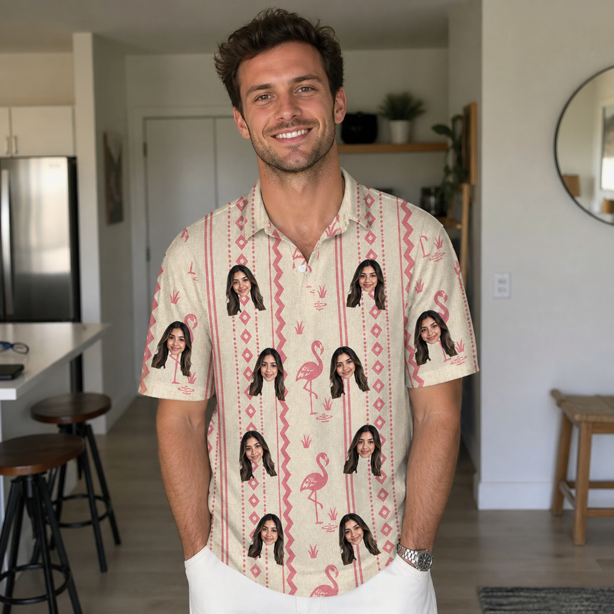 Real-life photo of someone wearing Men's Waddle Wink Custom Face Polo Shirt — custom faces printed all-over