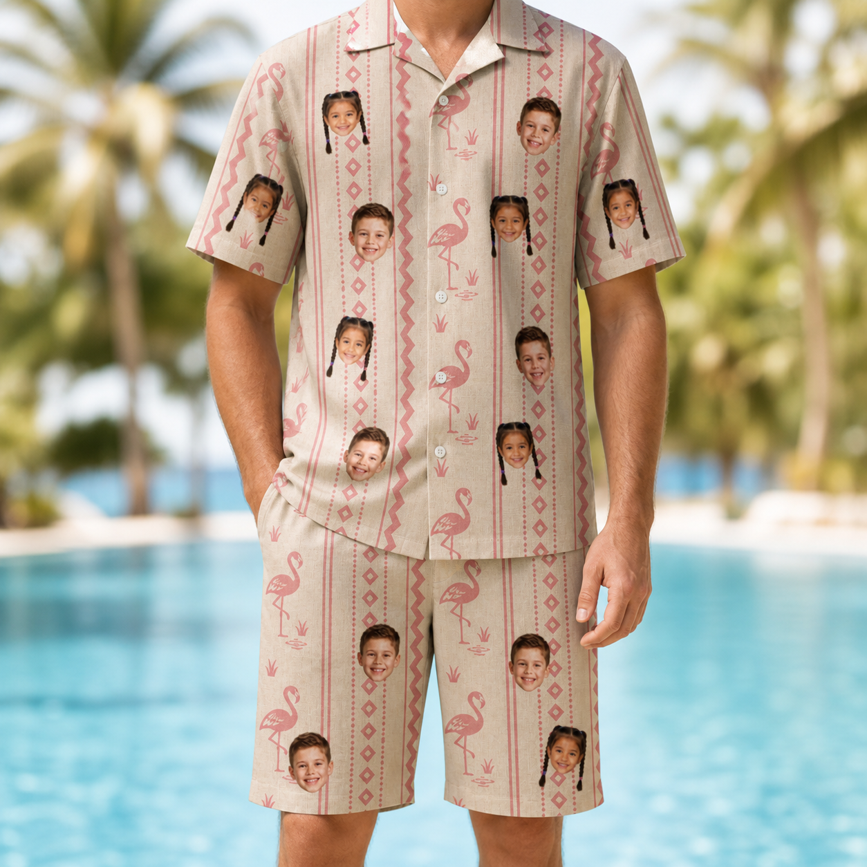 Model wearing Men's Waddle Wink Custom Face Shirt & Shorts Set printed with kids' faces