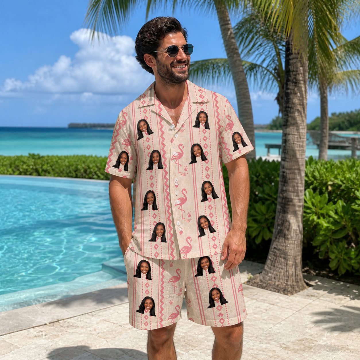 Real-life photo of someone wearing Men's Waddle Wink Custom Face Shirt & Shorts Set — custom faces printed all-over