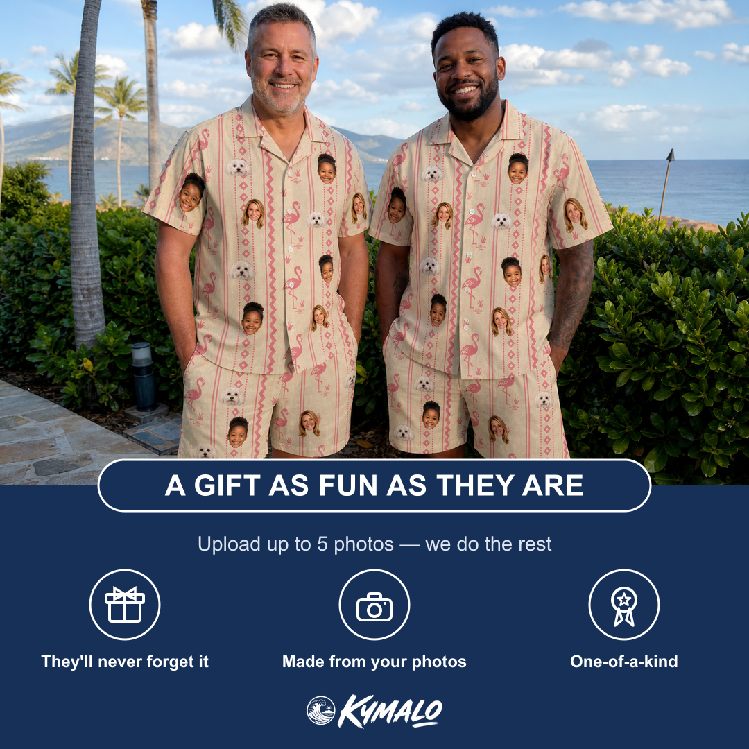 Friends in matching Men's Waddle Wink Custom Face Shirt & Shorts Set — a group gift photo