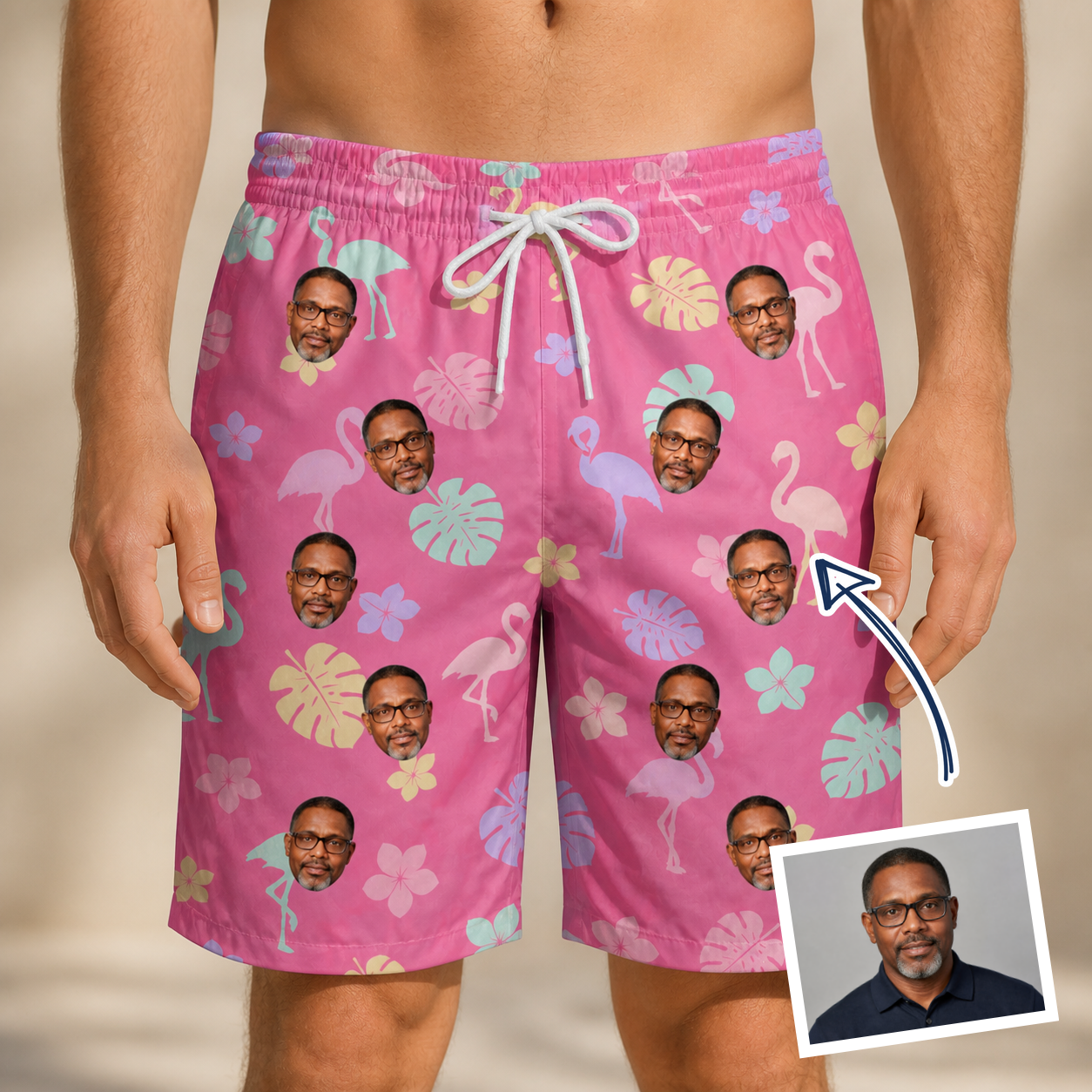 Man wearing Men's Fuchsia Flock Custom Face Beach Shorts — custom faces printed all-over
