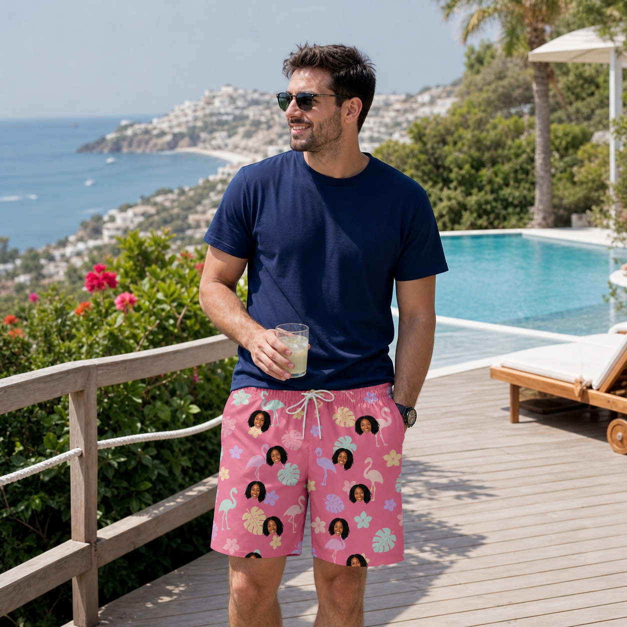 Real-life photo of someone wearing Men's Fuchsia Flock Custom Face Beach Shorts — custom faces printed all-over