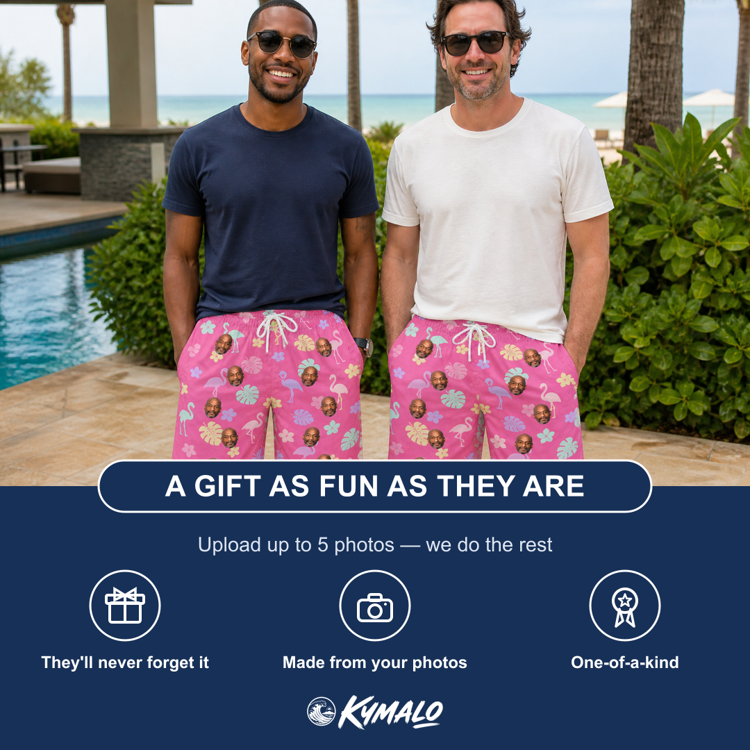 Friends in matching Men's Fuchsia Flock Custom Face Beach Shorts — a group gift photo