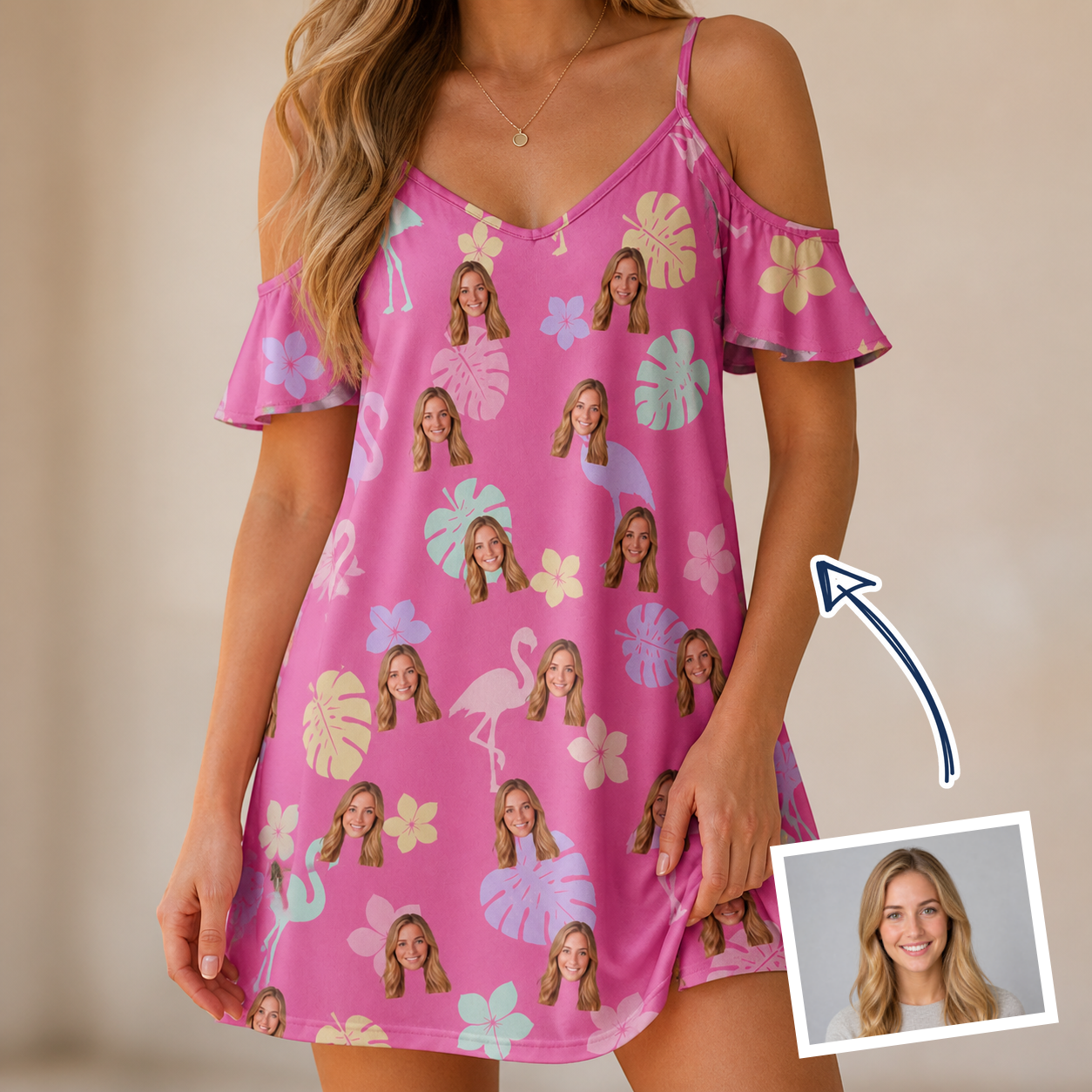 Woman wearing Women's Fuchsia Flock Custom Face Off-Shoulder Dress — custom faces printed all-over