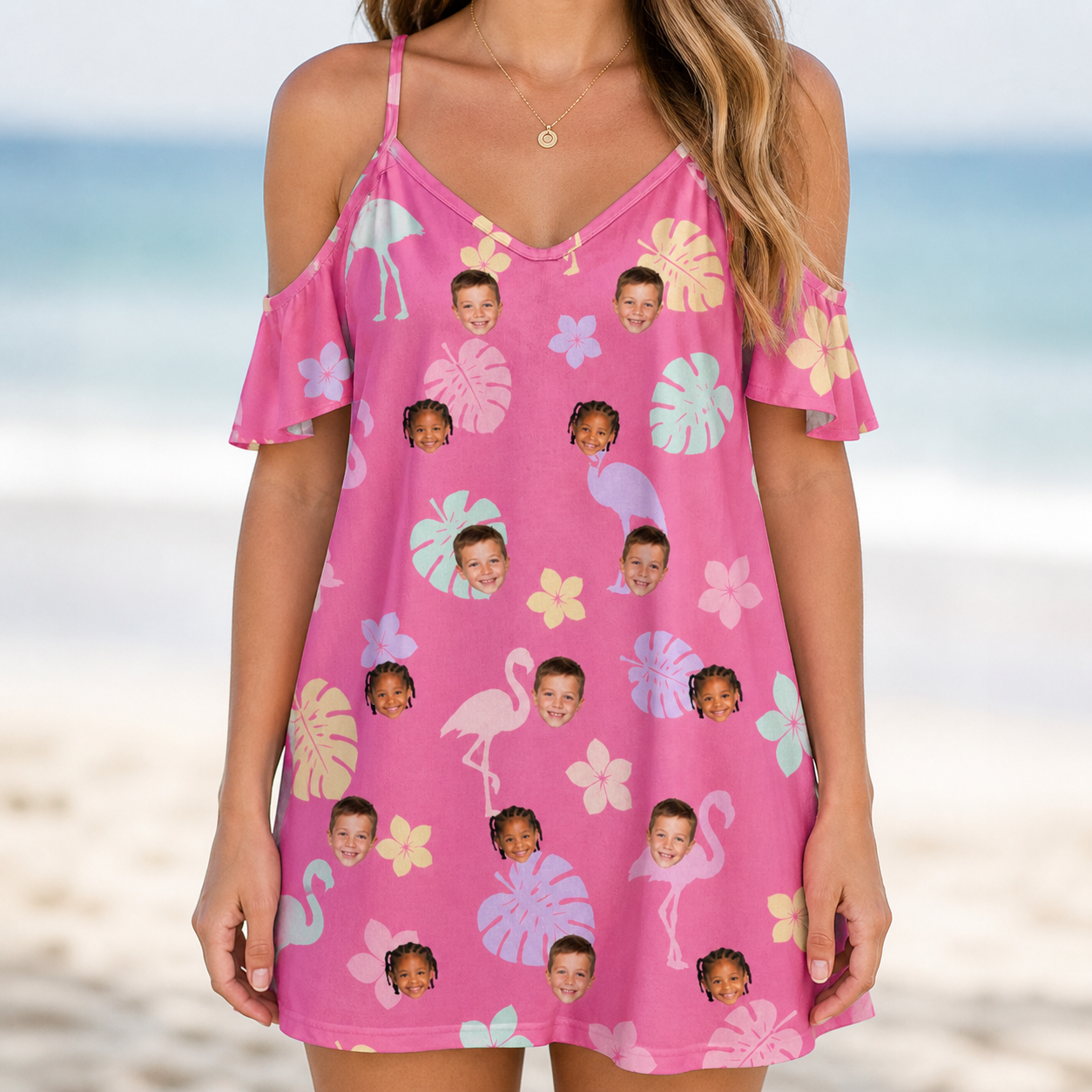 Model wearing Women's Fuchsia Flock Custom Face Off-Shoulder Dress printed with kids' faces