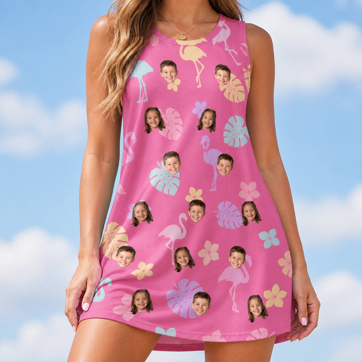 Model wearing Women's Fuchsia Flock Custom Face Tank Dress printed with kids' faces