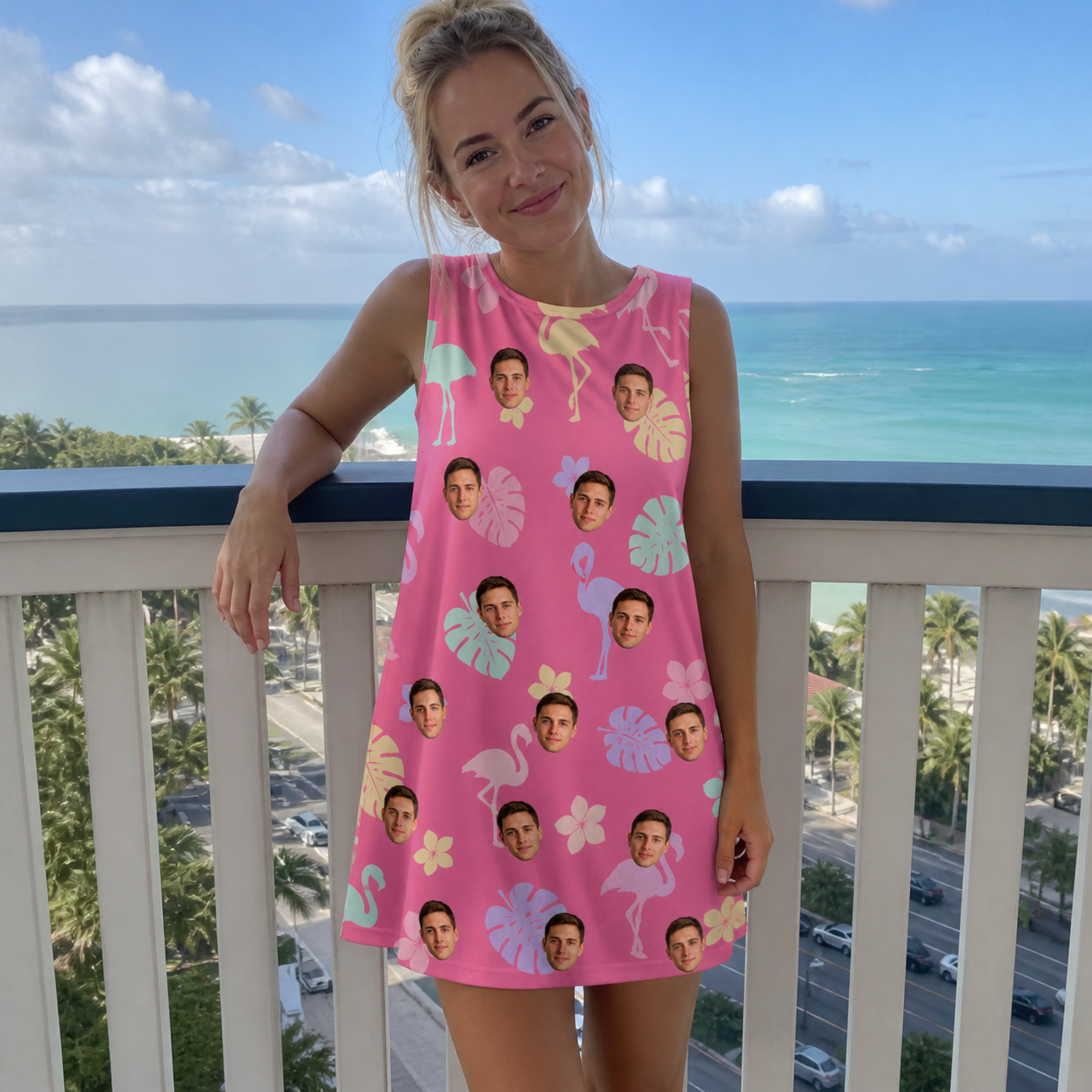 Real-life photo of someone wearing Women's Fuchsia Flock Custom Face Tank Dress — custom faces printed all-over