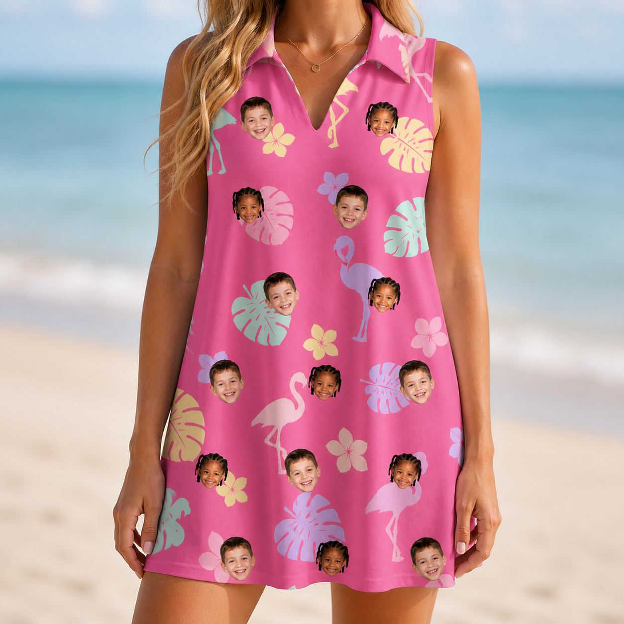 Model wearing Women's Fuchsia Flock Custom Face V-Neck Dress printed with kids' faces