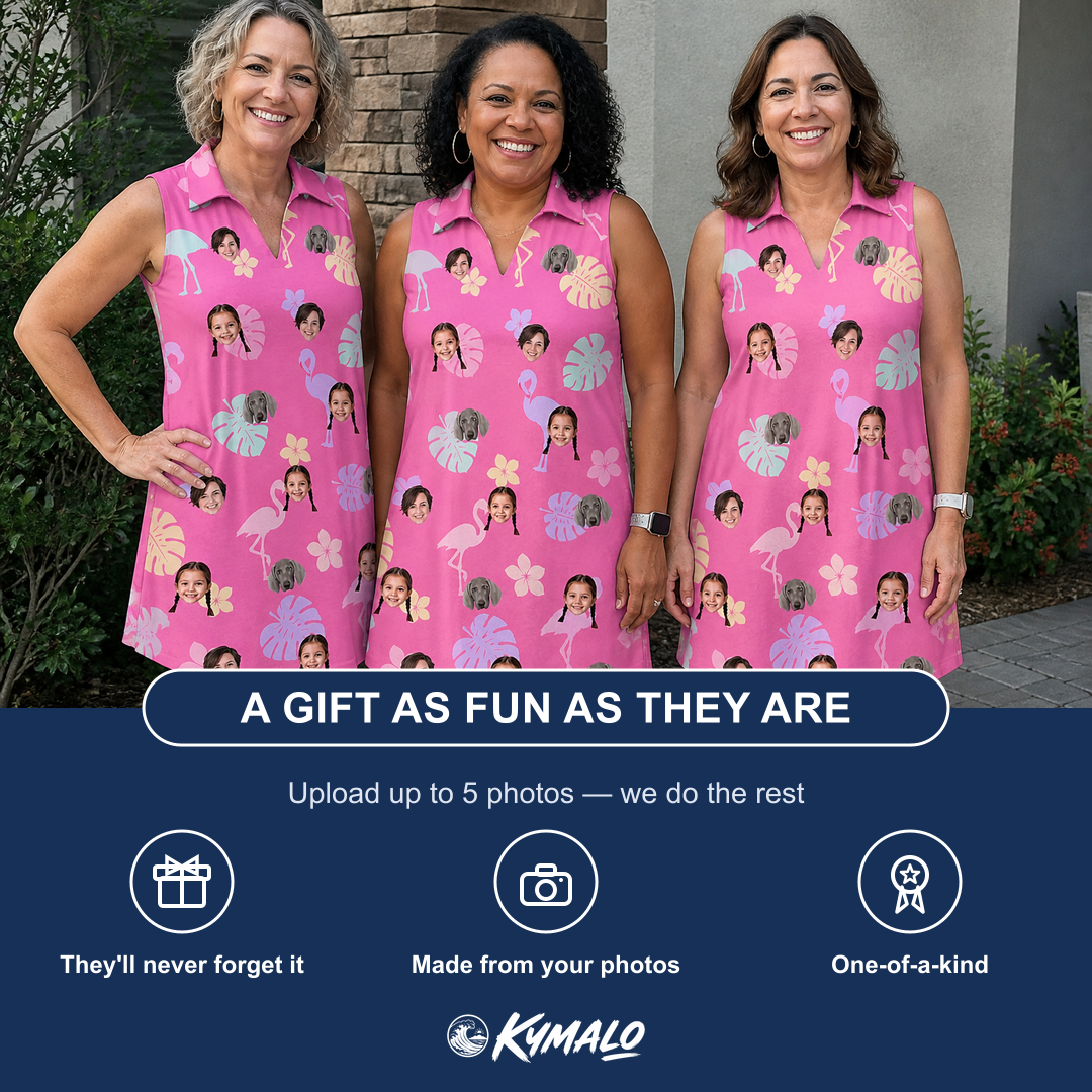 Friends in matching Women's Fuchsia Flock Custom Face V-Neck Dress — a group gift photo