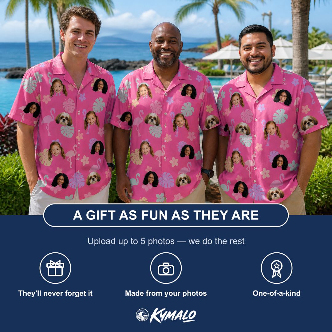 Friends in matching Men's Fuchsia Flock Custom Face Hawaiian Shirt — a group gift photo