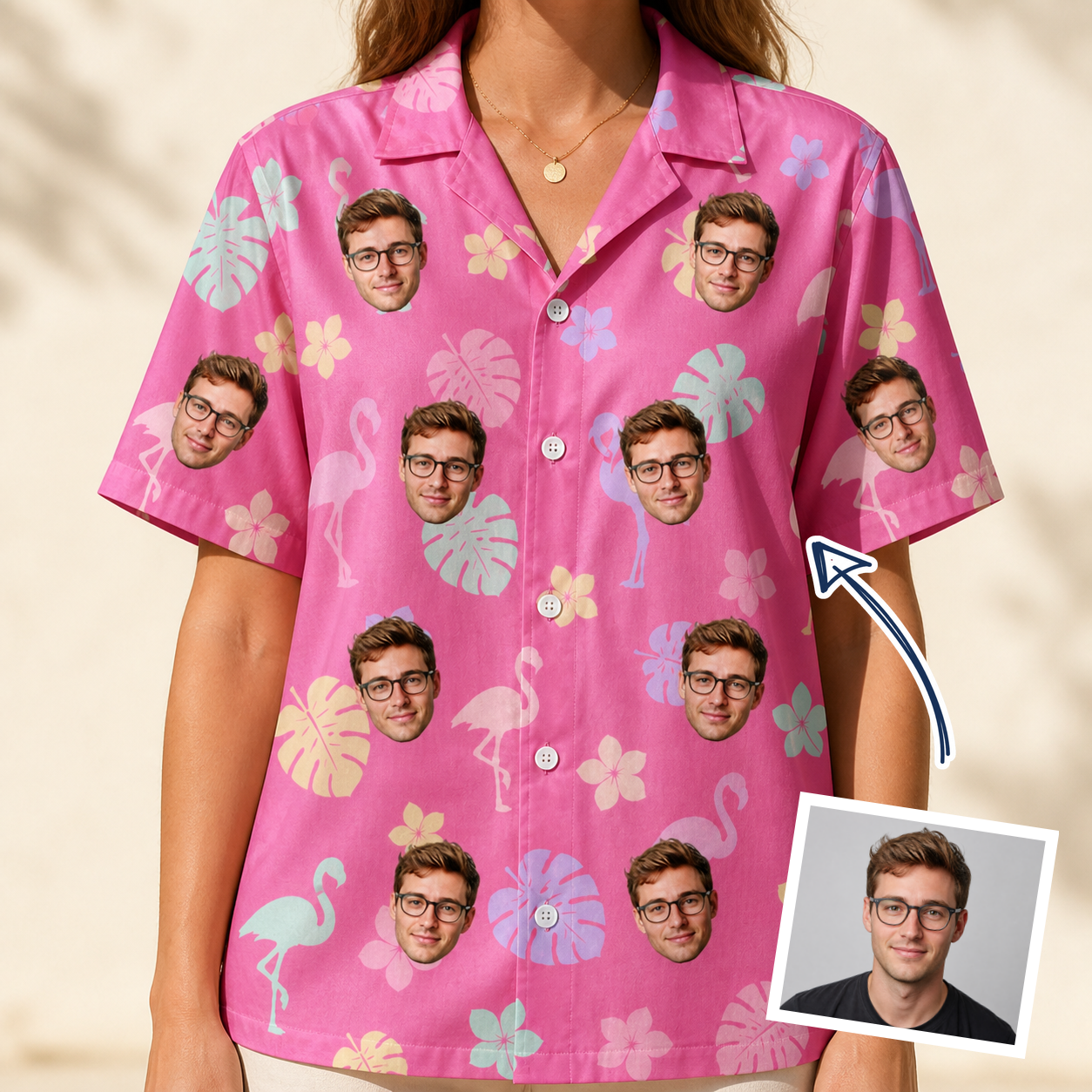 Woman wearing Women's Fuchsia Flock Custom Face Hawaiian Shirt — custom faces printed all-over
