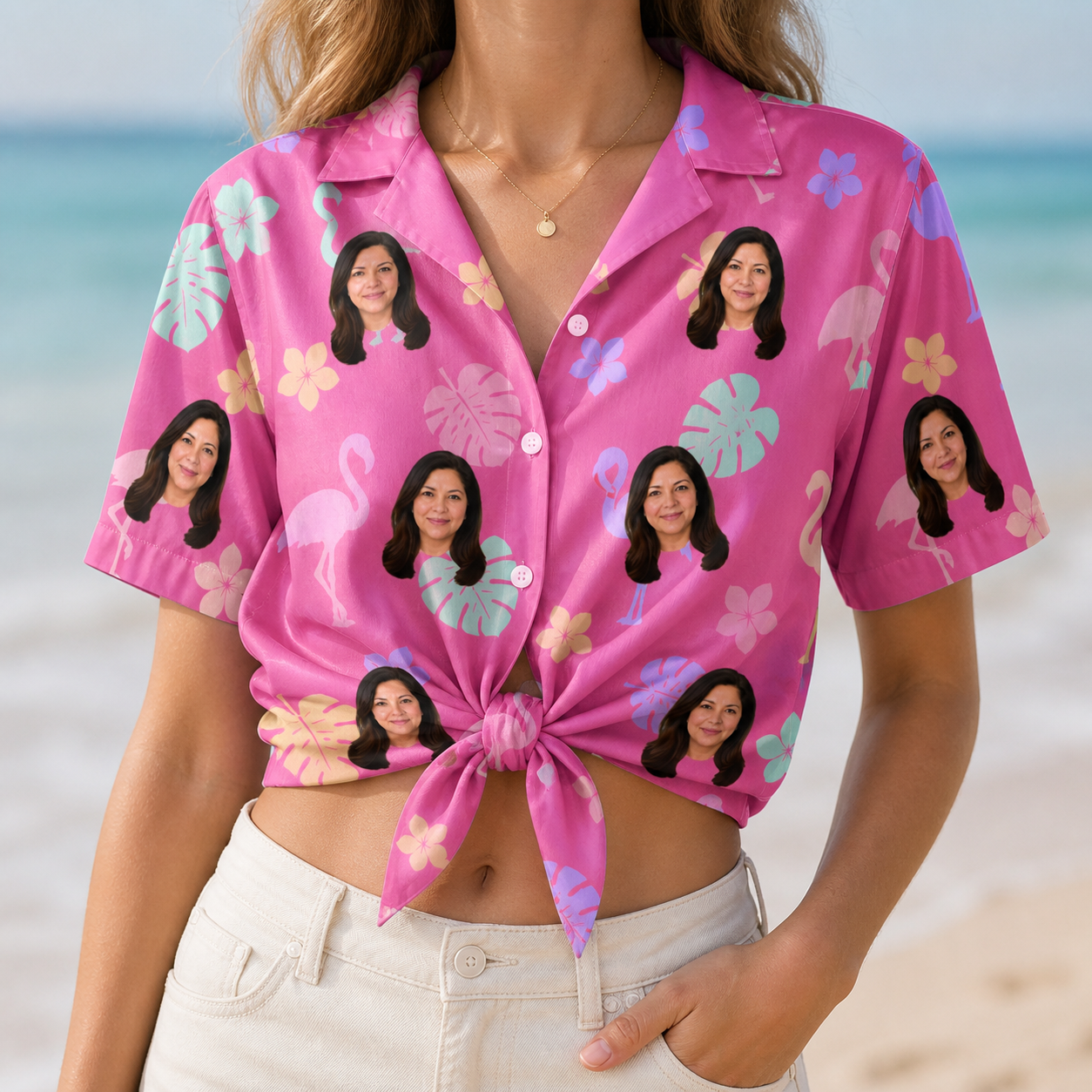 Woman wearing Women's Fuchsia Flock Custom Face Hawaiian Shirt tied at the waist