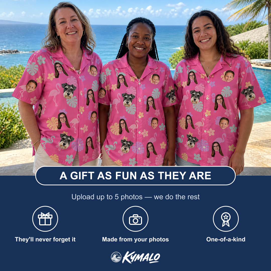 Friends in matching Women's Fuchsia Flock Custom Face Hawaiian Shirt — a group gift photo