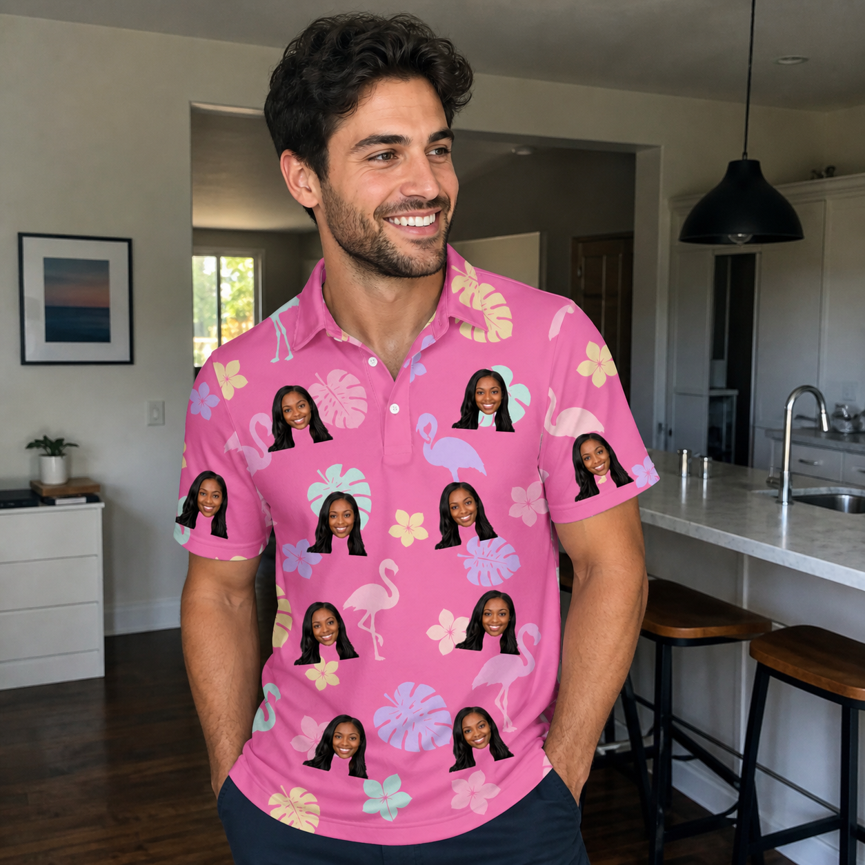 Real-life photo of someone wearing Men's Fuchsia Flock Custom Face Polo Shirt — custom faces printed all-over