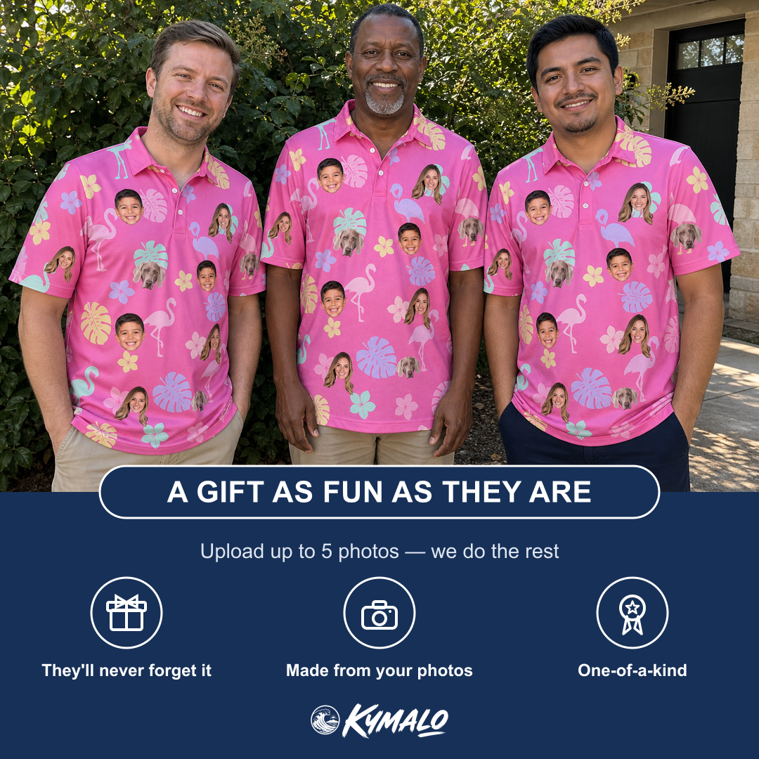 Friends in matching Men's Fuchsia Flock Custom Face Polo Shirt — a group gift photo