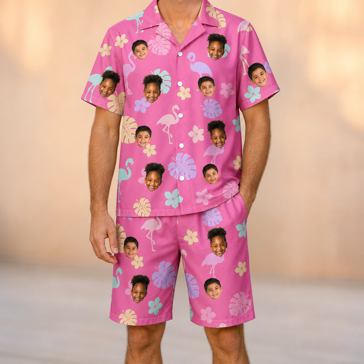 Model wearing Men's Fuchsia Flock Custom Face Shirt & Shorts Set printed with kids' faces