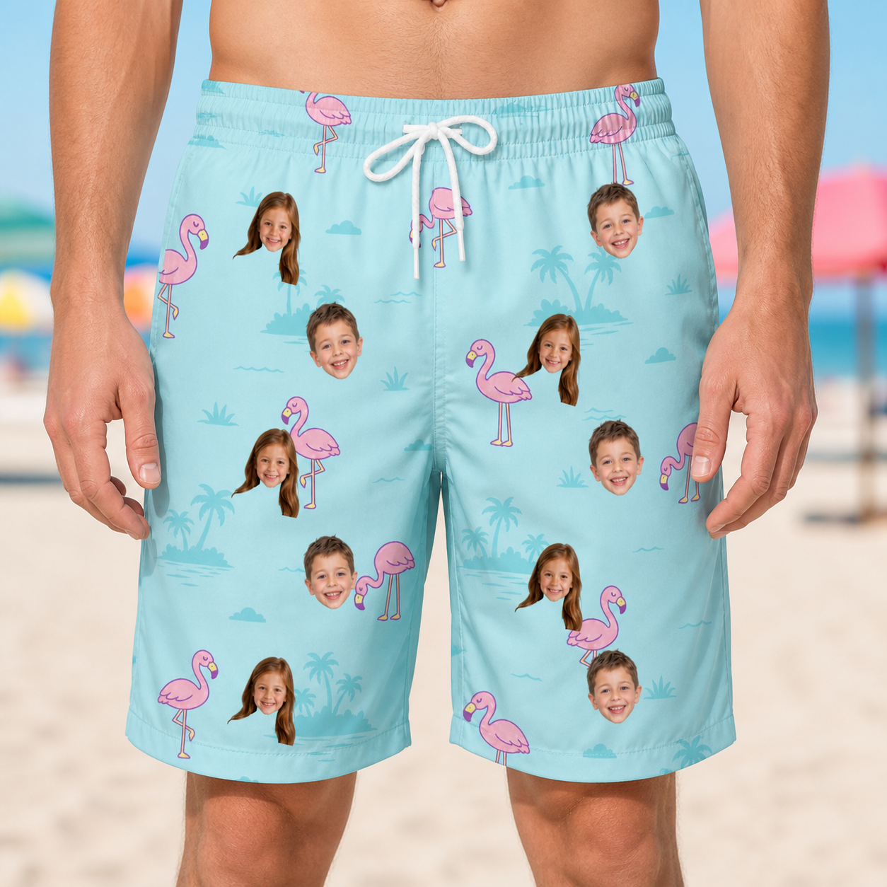 Model wearing Men's Blush Birds Custom Face Beach Shorts printed with kids' faces