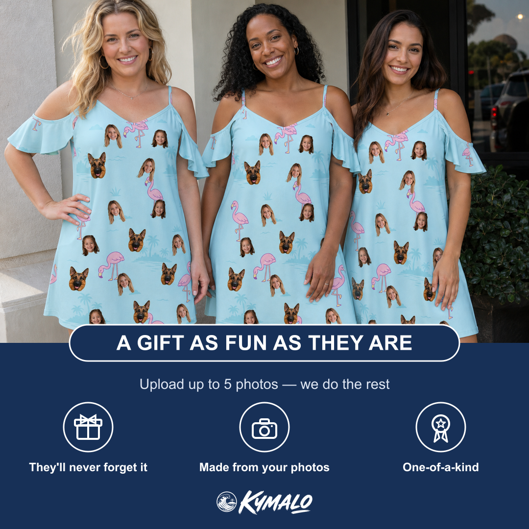 Friends in matching Women's Blush Birds Custom Face Off-Shoulder Dress — a group gift photo