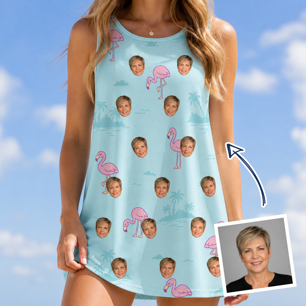 Woman wearing Women's Blush Birds Custom Face Tank Dress — custom faces printed all-over