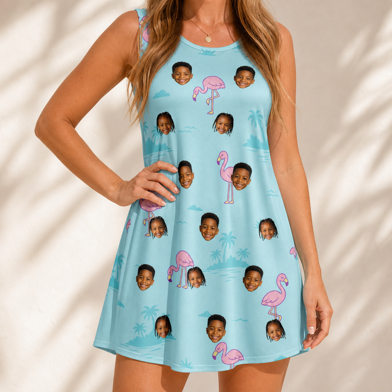 Model wearing Women's Blush Birds Custom Face Tank Dress printed with kids' faces