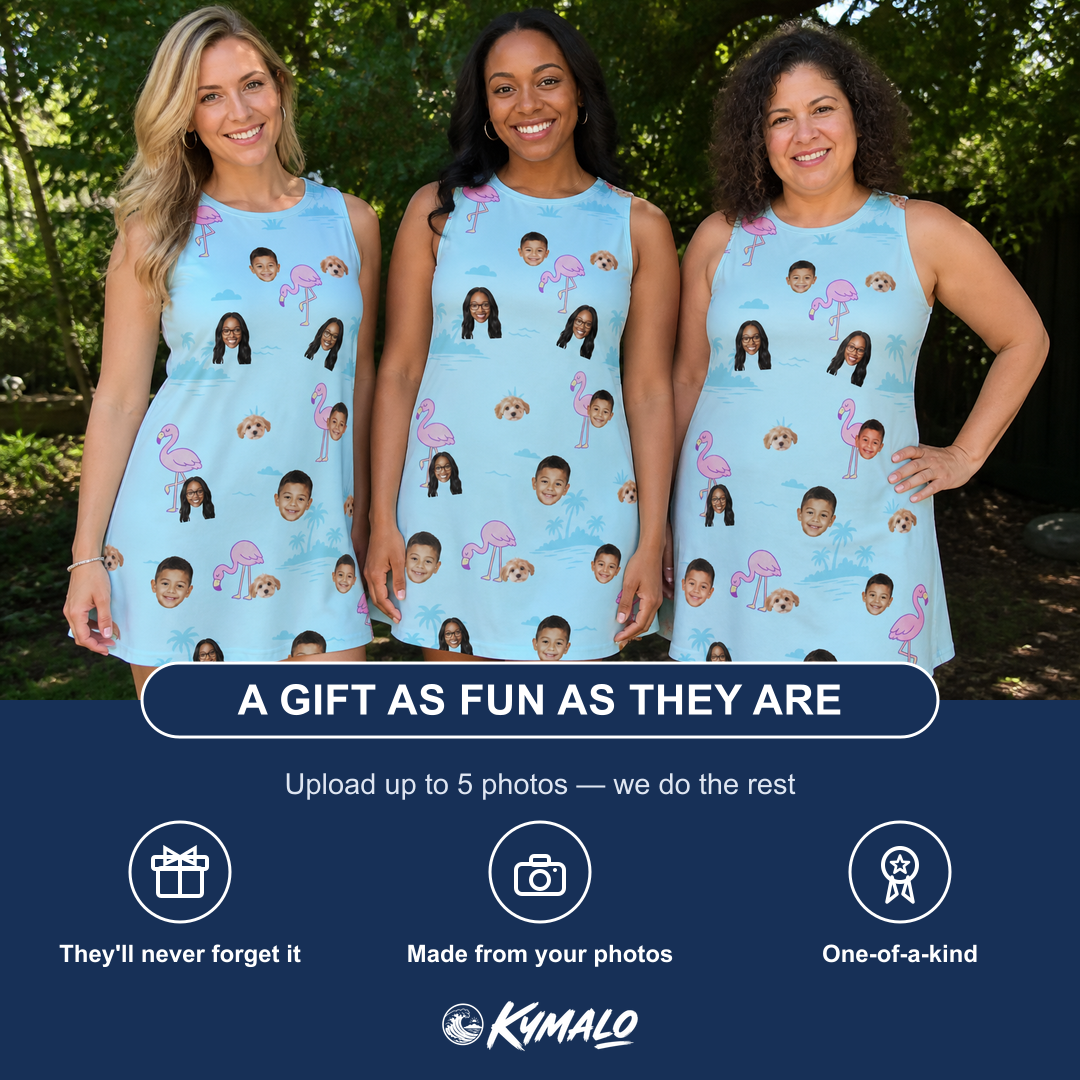 Friends in matching Women's Blush Birds Custom Face Tank Dress — a group gift photo