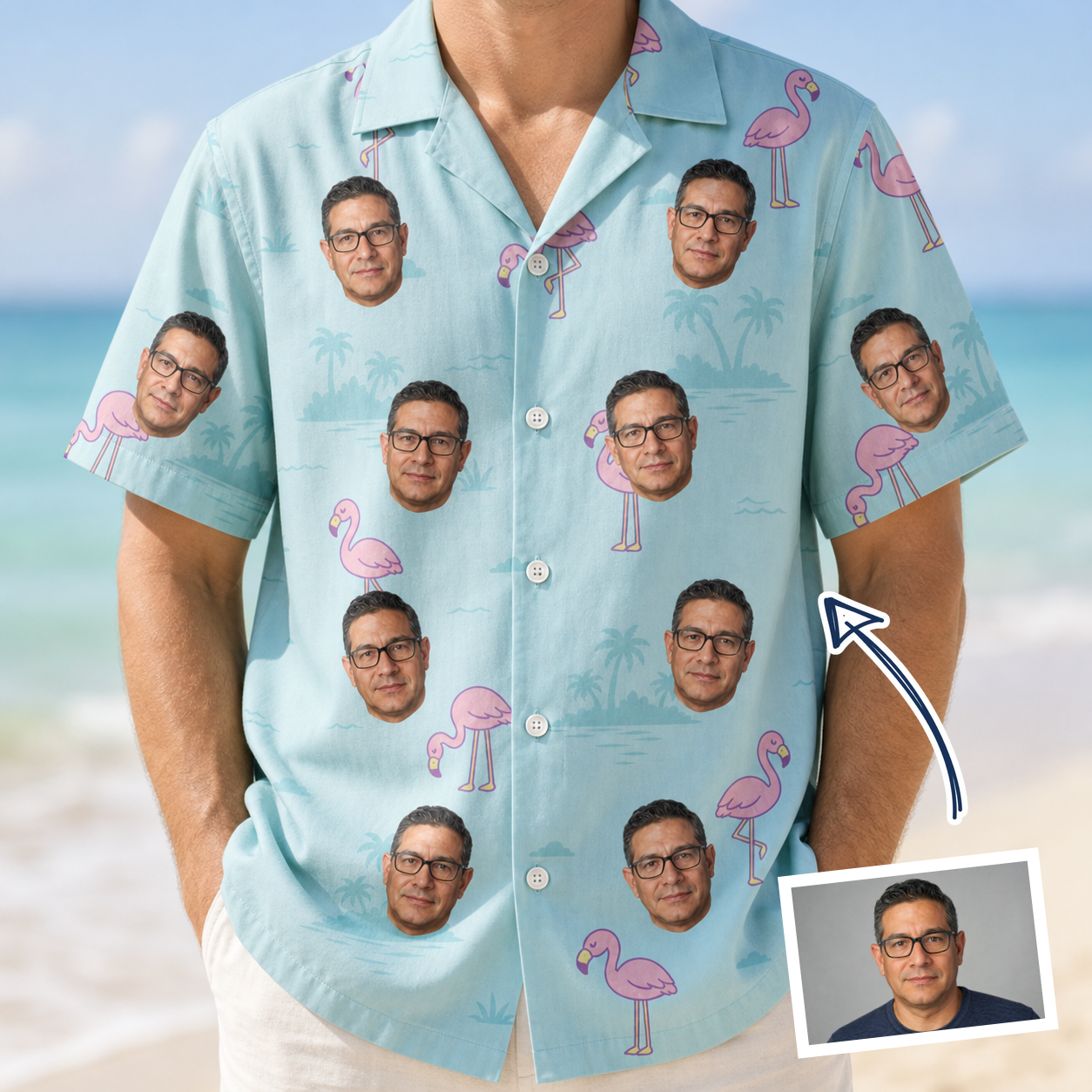 Man wearing Men's Blush Birds Custom Face Hawaiian Shirt — custom faces printed all-over